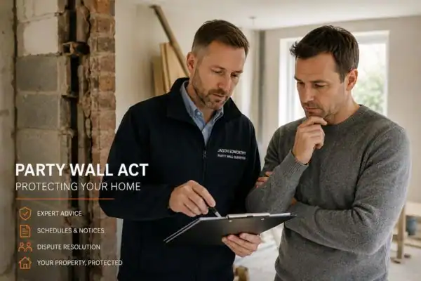 Party wall surveyor Desborough discussing extension plans with homeowner outside a UK semi-detached house.